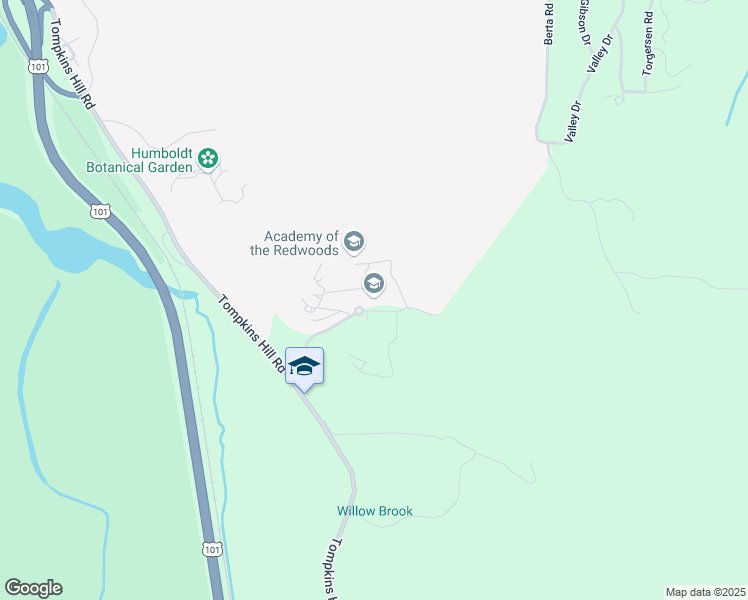 map of restaurants, bars, coffee shops, grocery stores, and more near 7351 Tompkins Hill Road in Eureka
