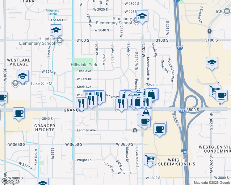 map of restaurants, bars, coffee shops, grocery stores, and more near 2888 West Lemay Avenue in West Valley City