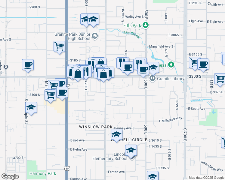 map of restaurants, bars, coffee shops, grocery stores, and more near 375 3360 South in South Salt Lake