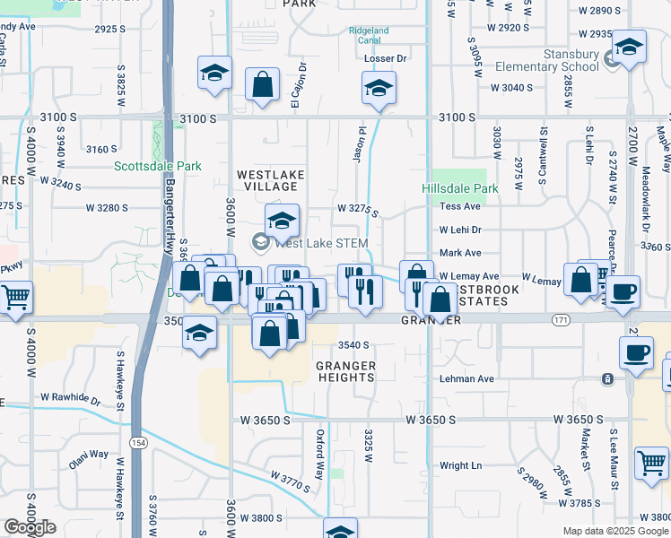 map of restaurants, bars, coffee shops, grocery stores, and more near 3427 3440 South in West Valley City