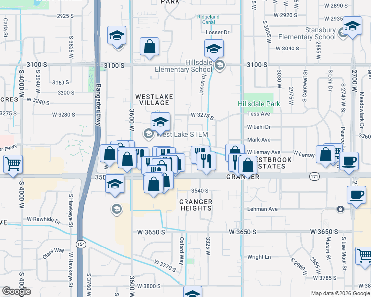 map of restaurants, bars, coffee shops, grocery stores, and more near 3427 3440 South in West Valley City