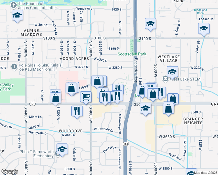 map of restaurants, bars, coffee shops, grocery stores, and more near 3927 West Rockwood Way in West Valley City