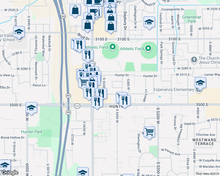 map of restaurants, bars, coffee shops, grocery stores, and more near 3411 South 5530 West in Salt Lake City