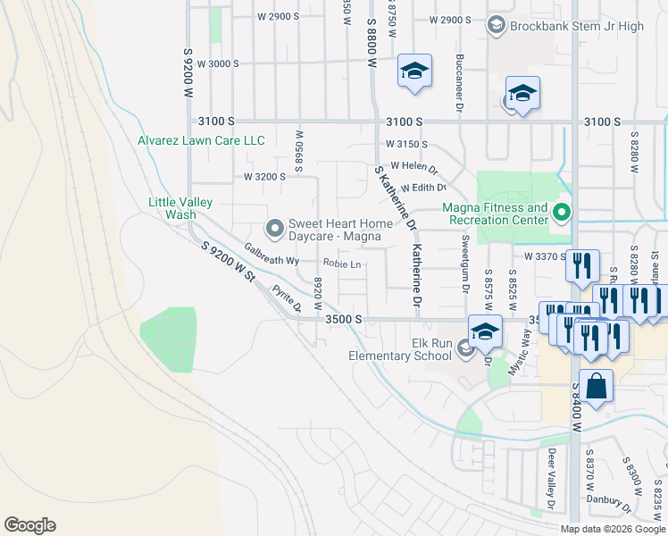 map of restaurants, bars, coffee shops, grocery stores, and more near 3411 8920 West in Magna