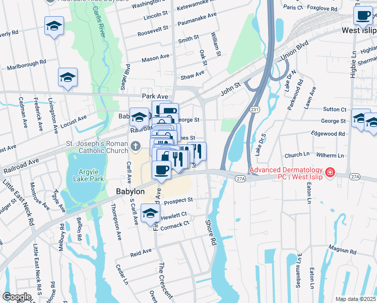 map of restaurants, bars, coffee shops, grocery stores, and more near 38 James Street in Babylon