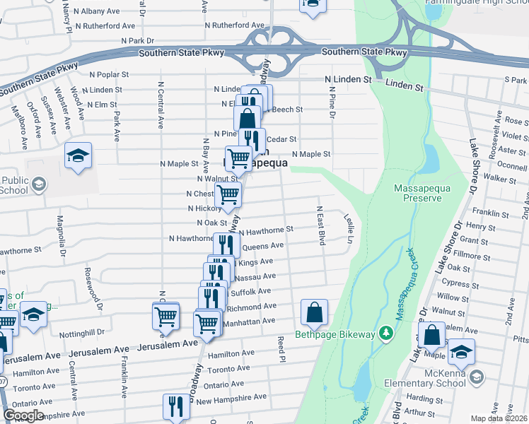 map of restaurants, bars, coffee shops, grocery stores, and more near 172 North Oak Street in Massapequa