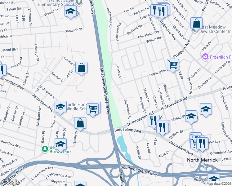 map of restaurants, bars, coffee shops, grocery stores, and more near 1339 Bea Court in East Meadow