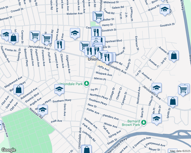 map of restaurants, bars, coffee shops, grocery stores, and more near 674 Macon Place in Uniondale