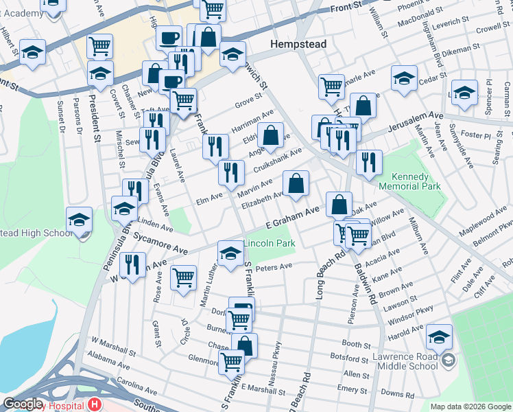 map of restaurants, bars, coffee shops, grocery stores, and more near 19 Hudson Place in Hempstead
