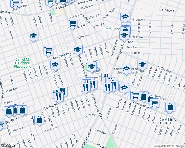 map of restaurants, bars, coffee shops, grocery stores, and more near 207-01 116th Avenue in Queens