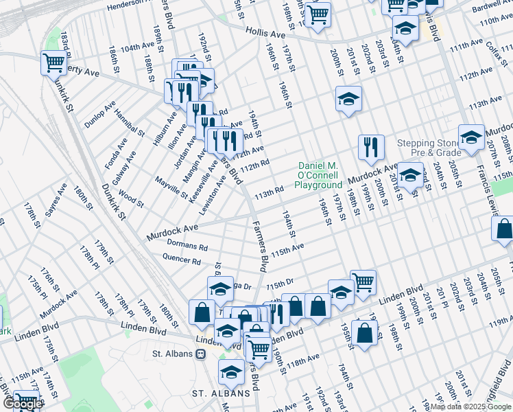 map of restaurants, bars, coffee shops, grocery stores, and more near 11350 Farmers Boulevard in Queens