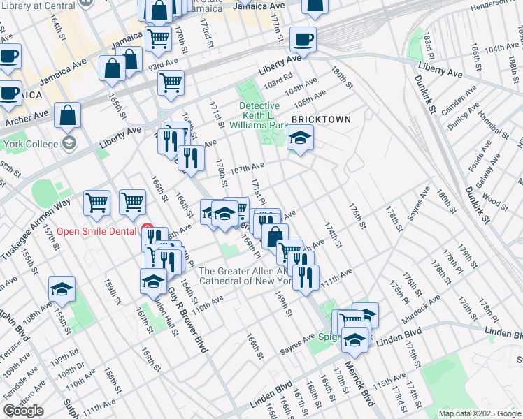 map of restaurants, bars, coffee shops, grocery stores, and more near 10851 Merrick Boulevard in Queens