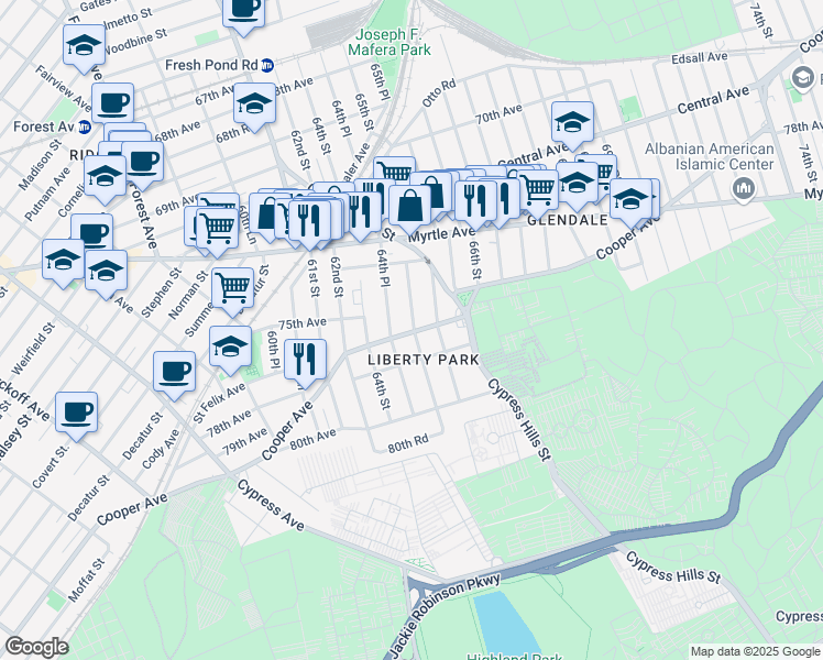 map of restaurants, bars, coffee shops, grocery stores, and more near in Queens