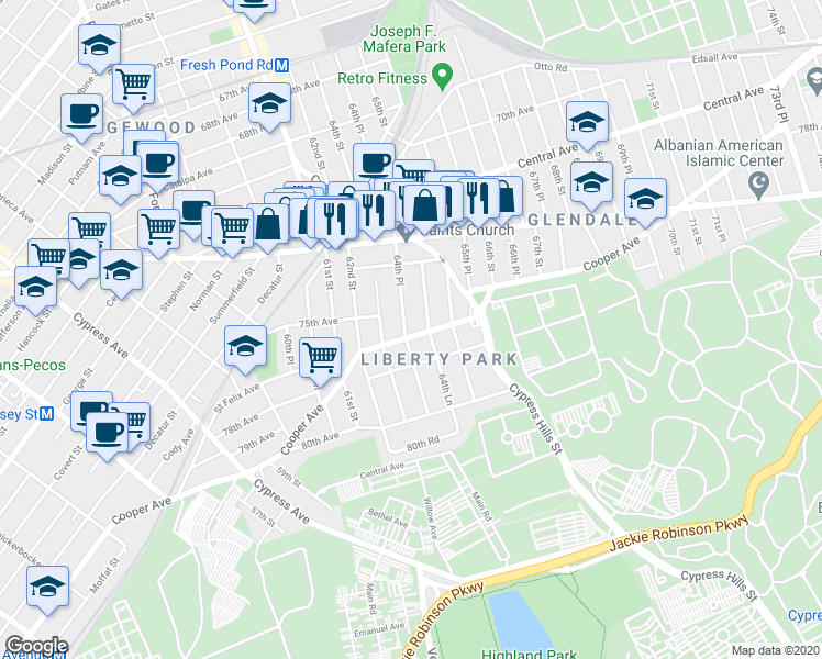 map of restaurants, bars, coffee shops, grocery stores, and more near 64-16 Cooper Avenue in Queens