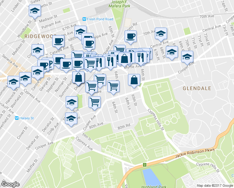 map of restaurants, bars, coffee shops, grocery stores, and more near 64-16 Cooper Avenue in Queens