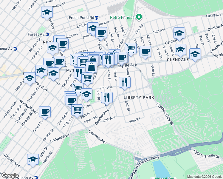 map of restaurants, bars, coffee shops, grocery stores, and more near in Queens
