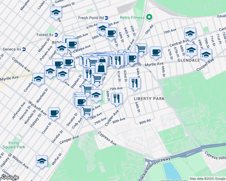 map of restaurants, bars, coffee shops, grocery stores, and more near in Queens
