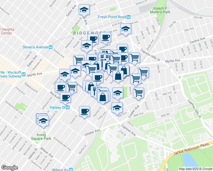 map of restaurants, bars, coffee shops, grocery stores, and more near 1804 Summerfield Street in Queens