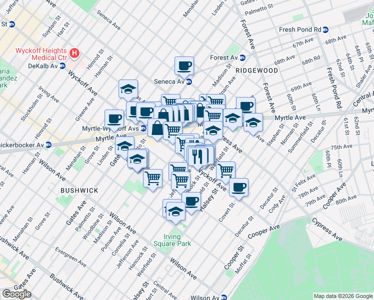 map of restaurants, bars, coffee shops, grocery stores, and more near in Queens