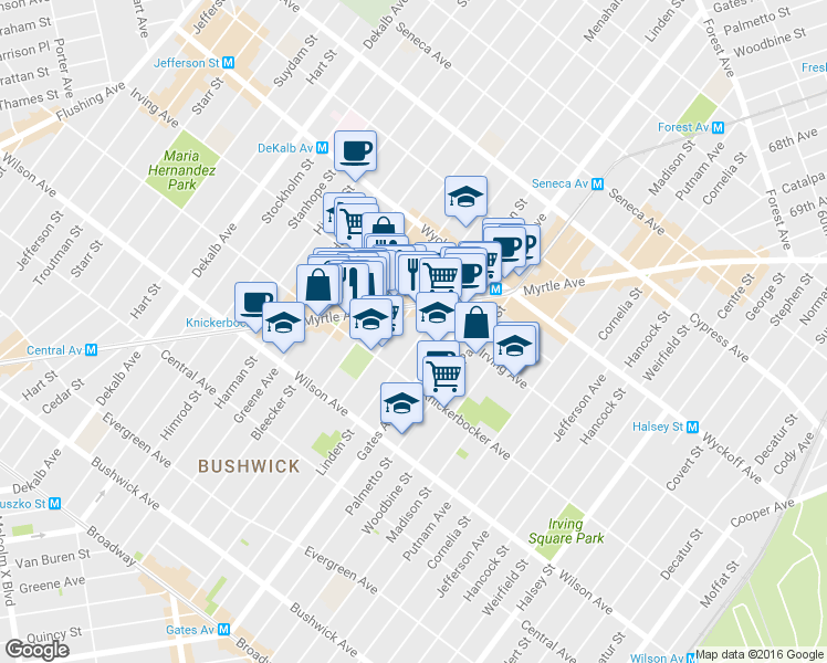 map of restaurants, bars, coffee shops, grocery stores, and more near 288 Grove Street in Brooklyn