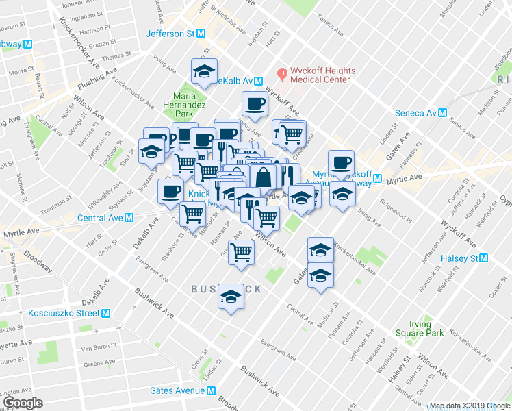 map of restaurants, bars, coffee shops, grocery stores, and more near 1285 Greene Avenue in Brooklyn