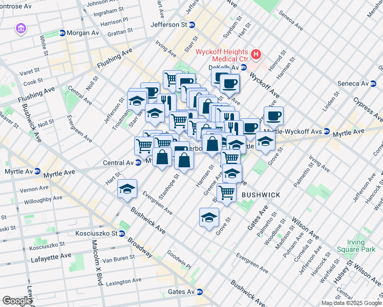 map of restaurants, bars, coffee shops, grocery stores, and more near 132A Stanhope Street in Brooklyn