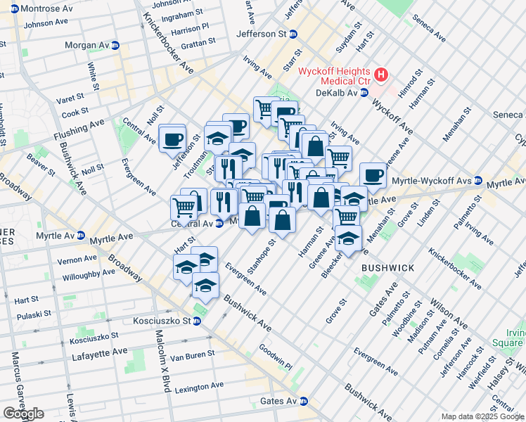map of restaurants, bars, coffee shops, grocery stores, and more near 1296 Myrtle Avenue in Brooklyn