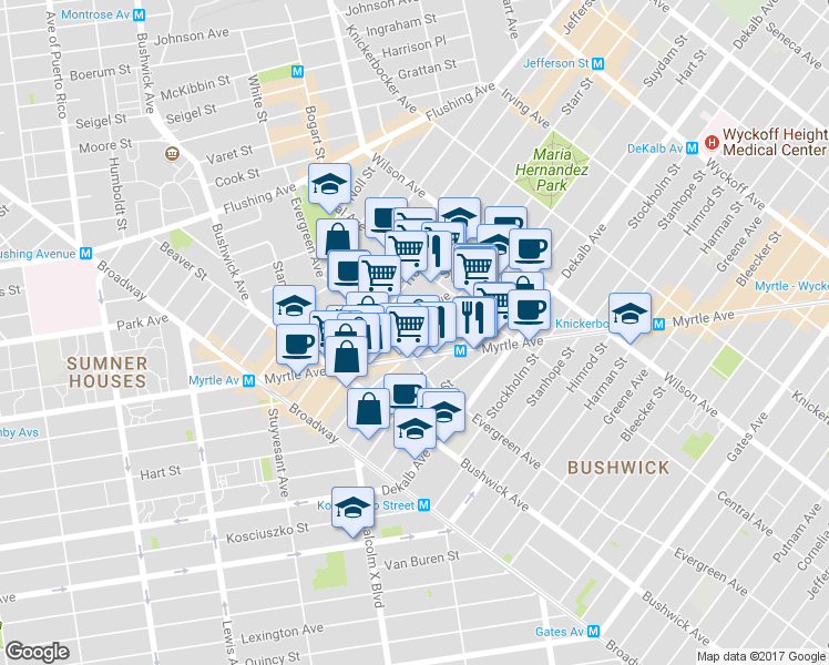 map of restaurants, bars, coffee shops, grocery stores, and more near 100 Suydam Street in Brooklyn