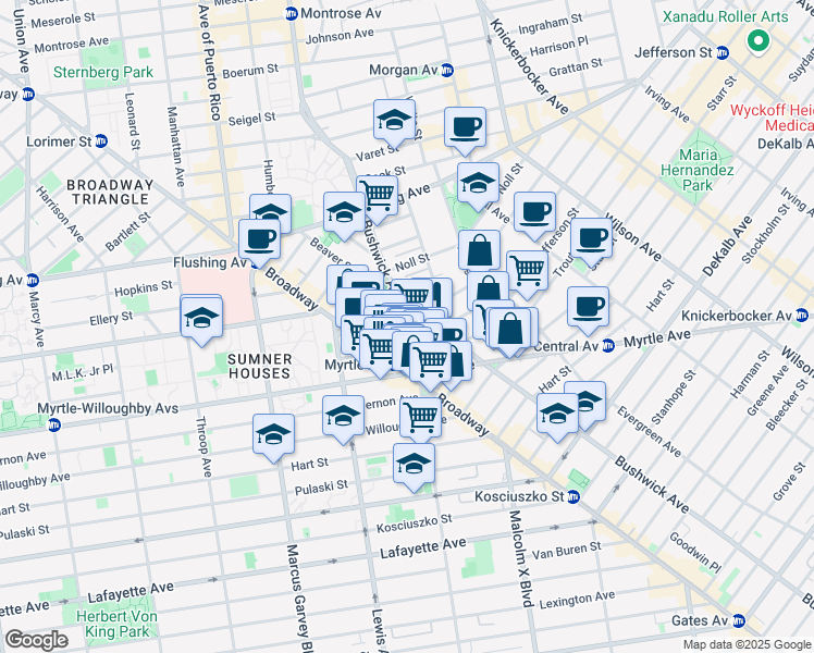 map of restaurants, bars, coffee shops, grocery stores, and more near 34 Melrose Street in Brooklyn