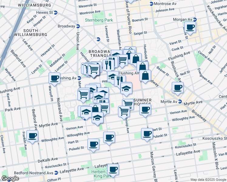 map of restaurants, bars, coffee shops, grocery stores, and more near 760 Park Avenue in Brooklyn