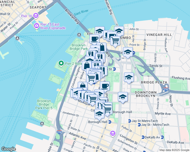 map of restaurants, bars, coffee shops, grocery stores, and more near 80 Clark Street in Brooklyn