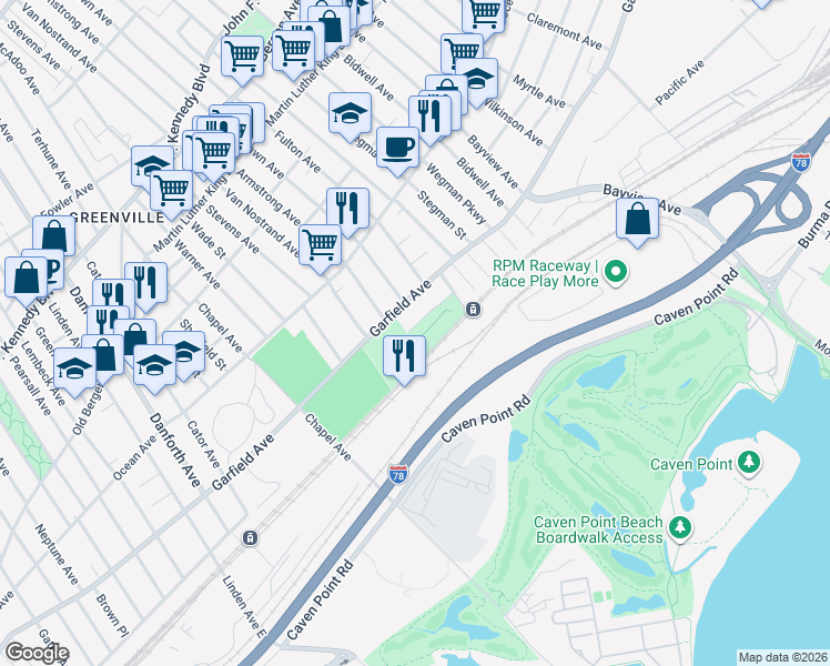 map of restaurants, bars, coffee shops, grocery stores, and more near 480 Garfield Avenue in Jersey City
