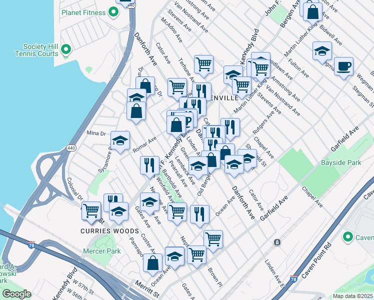 map of restaurants, bars, coffee shops, grocery stores, and more near 65 Greenville Avenue in Jersey City