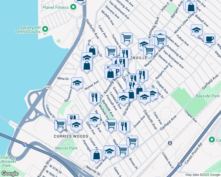 map of restaurants, bars, coffee shops, grocery stores, and more near 65 Greenville Avenue in Jersey City