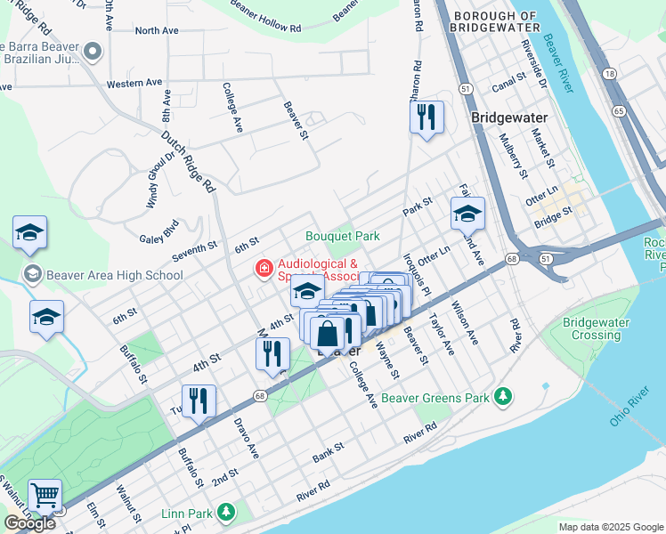 map of restaurants, bars, coffee shops, grocery stores, and more near 565 Canal Street in Beaver
