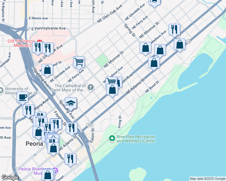map of restaurants, bars, coffee shops, grocery stores, and more near 800 NE Jefferson Ave in Peoria