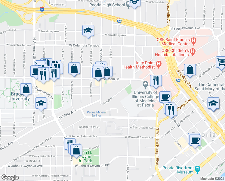 map of restaurants, bars, coffee shops, grocery stores, and more near 525 West High Street in Peoria