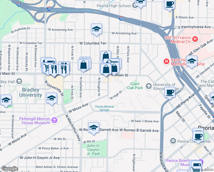 map of restaurants, bars, coffee shops, grocery stores, and more near 706 West Saint James Street in Peoria