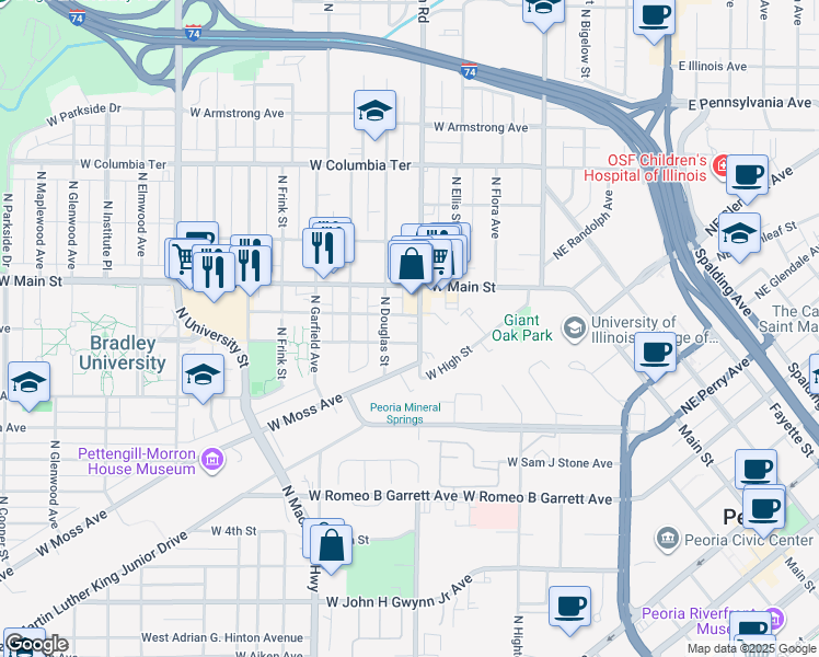 map of restaurants, bars, coffee shops, grocery stores, and more near 706 West Saint James Street in Peoria