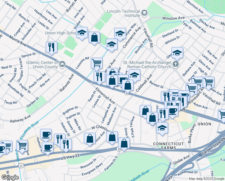 map of restaurants, bars, coffee shops, grocery stores, and more near 207 Elmwood Avenue in Union