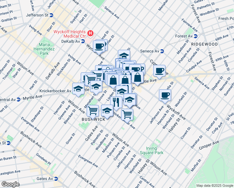 map of restaurants, bars, coffee shops, grocery stores, and more near 328 Irving Avenue in Kings County