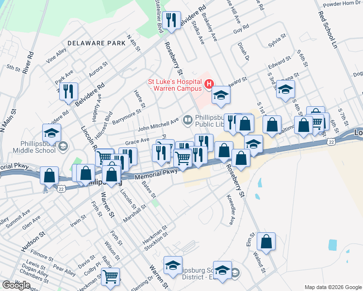 map of restaurants, bars, coffee shops, grocery stores, and more near 671 Elder Avenue in Phillipsburg