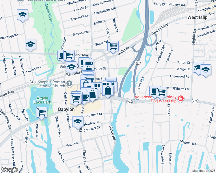 map of restaurants, bars, coffee shops, grocery stores, and more near 36 Cooper Street in Babylon