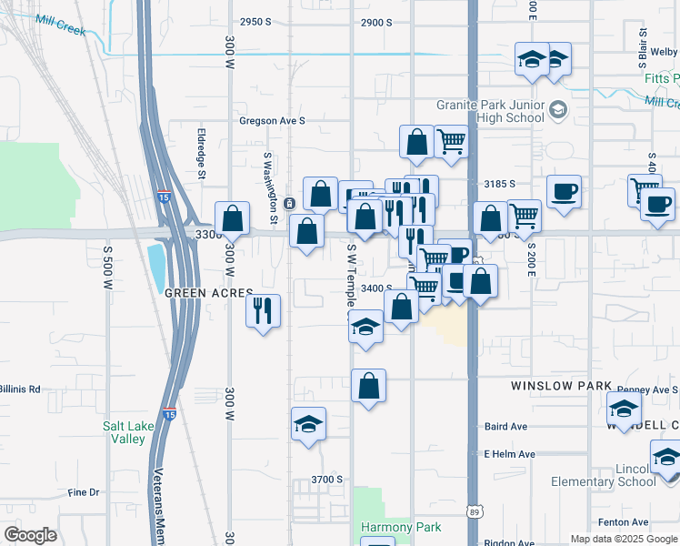 map of restaurants, bars, coffee shops, grocery stores, and more near 3378 South West Temple in South Salt Lake