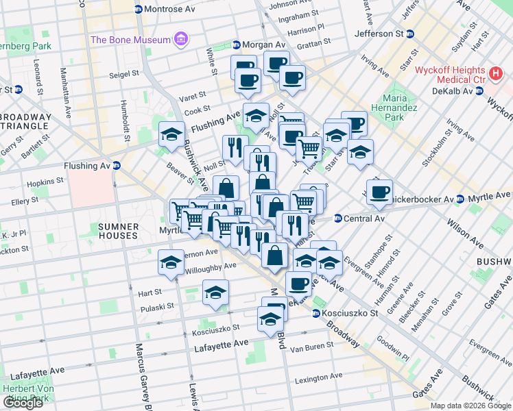 map of restaurants, bars, coffee shops, grocery stores, and more near in Brooklyn