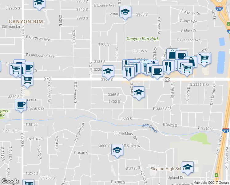 map of restaurants, bars, coffee shops, grocery stores, and more near 2835 East 3365 South in Salt Lake City