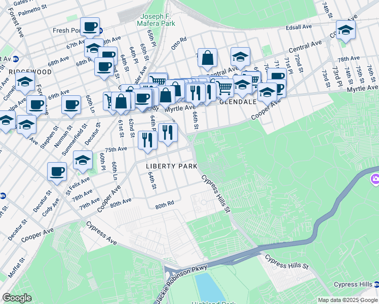 map of restaurants, bars, coffee shops, grocery stores, and more near 15 78th Avenue in Queens
