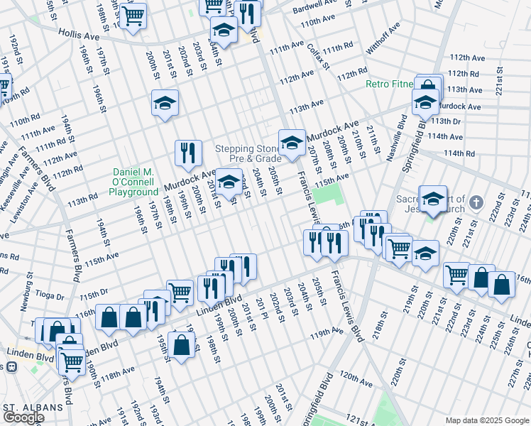 map of restaurants, bars, coffee shops, grocery stores, and more near 115-23 203rd Street in Queens