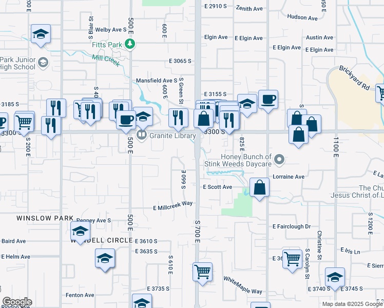 map of restaurants, bars, coffee shops, grocery stores, and more near 3368 South 700 East in Millcreek