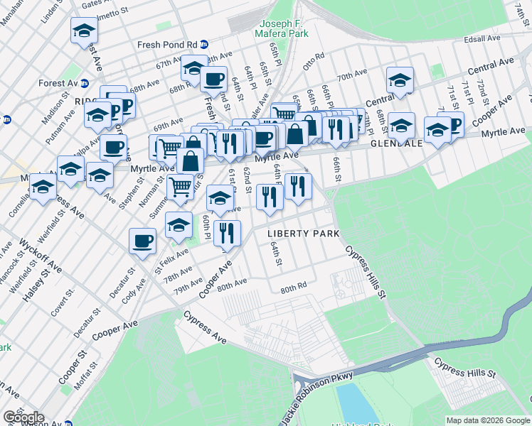 map of restaurants, bars, coffee shops, grocery stores, and more near 64-16 Cooper Avenue in Queens